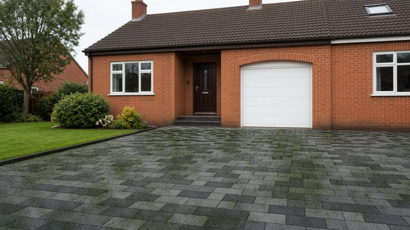 Illustrative block-paved driveway with moss and grime, before cleaning